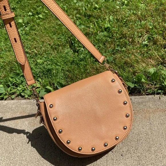 Rebecca Minkoff Tan Pebbeled Leather Saddle Bag Studded Crossbody Purse - Picture 3 of 17